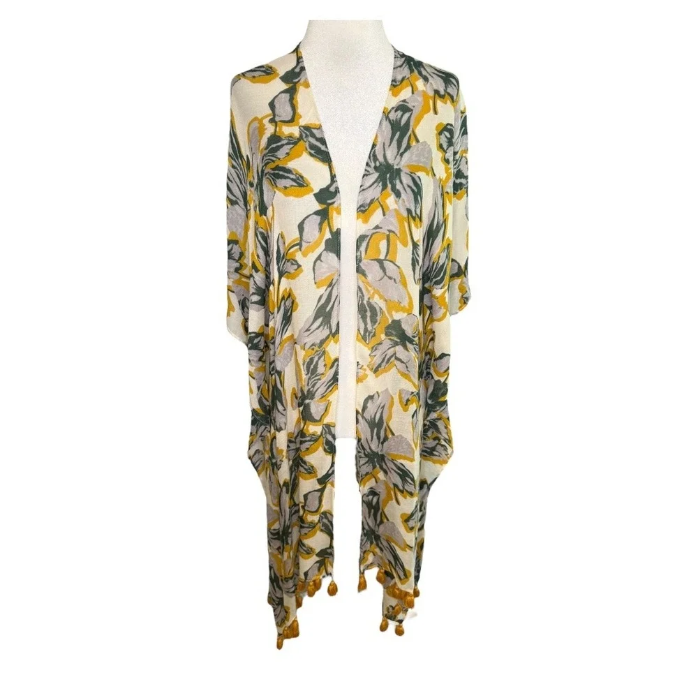 Nordstrom Floral Kimono Cover Up Tassel‎ Trim Lightweight Yellow Green Gray NWT
